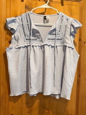H&M Light Blue Lace-Trim Flutter Sleeve Blouse